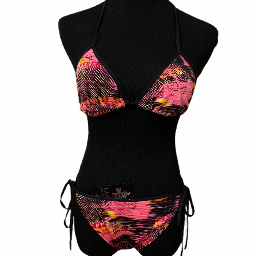 Euro Two piece black and pink bathing suit set